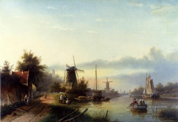 Bateaux sur un canal néerlandais Jan Jacob Coenraad Spohler Peinture à l'huile